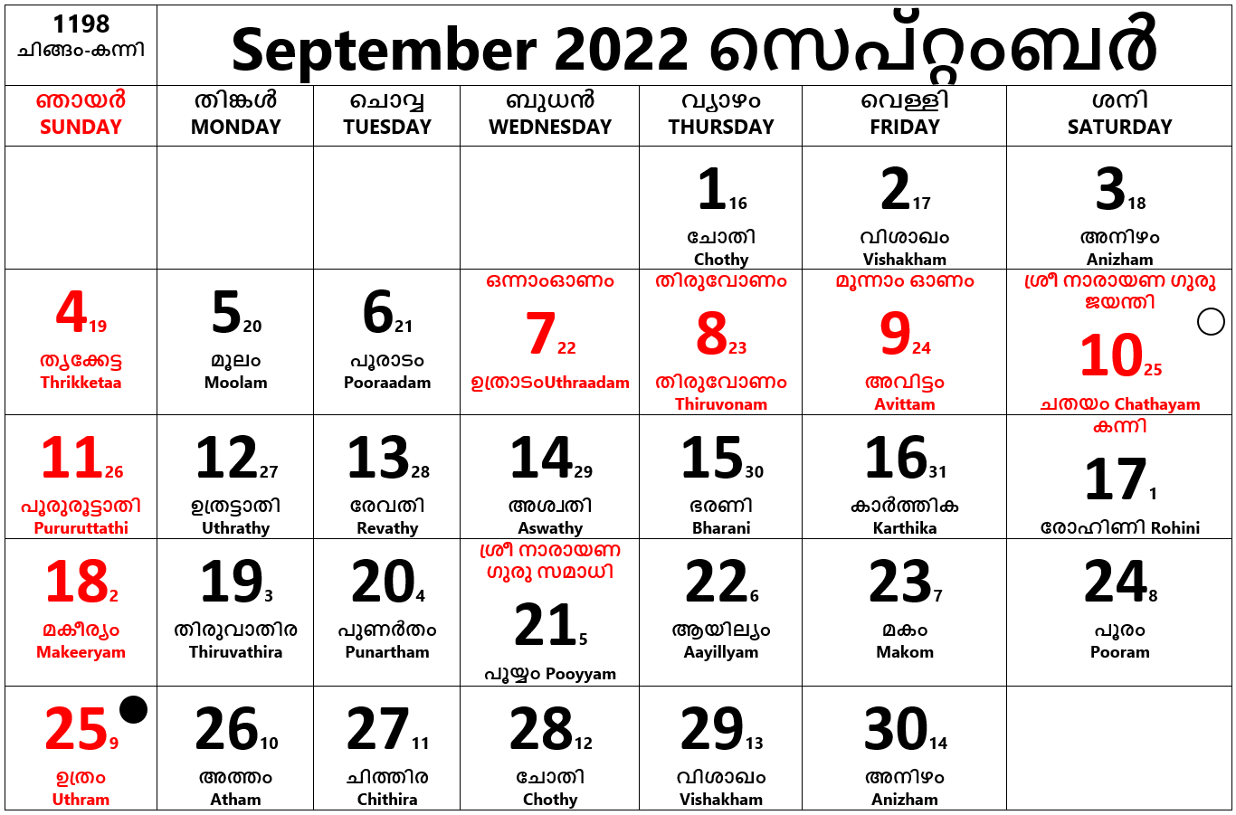 Calendar Malayalam September 2022