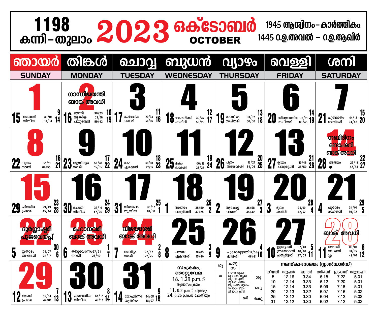 October 2023 Latest Malayalam Calendar Free Download
