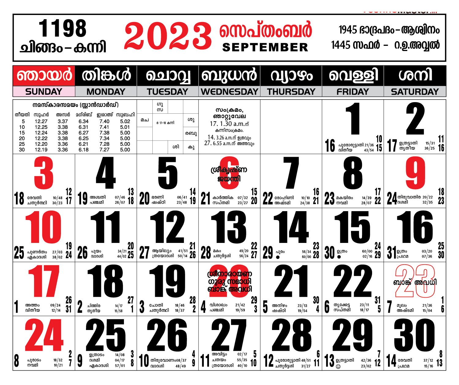 Kerala Government Calendar 2025 January 