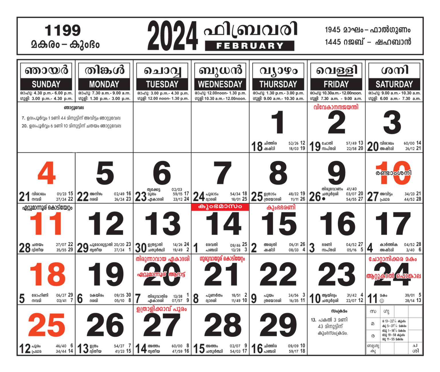 February 2024 Latest Malayalam Calendar Free Download